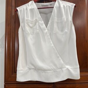 New York & Company White Sleeveless Wrap Blouse with Chest Pockets